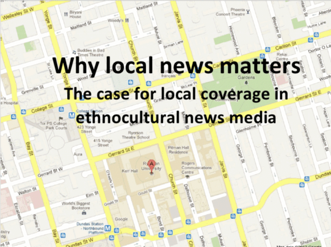 NEPMCC graphic Map of Ryerson with headline that reads why local news matters - the case for local coverage in ethnocultural news media