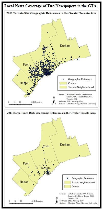 Figure 2. Geography of news comparison of two GTA newspapers