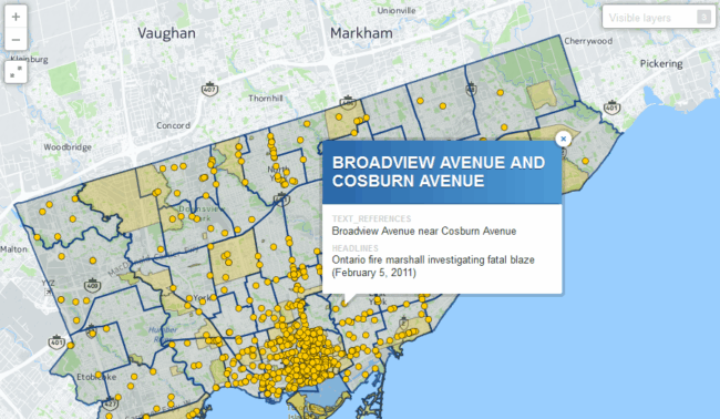 Figure 1. Users can click each point to find out about the news articles that referenced the location Map of Toronto with box of Broadview avenue and Cosburn avenue