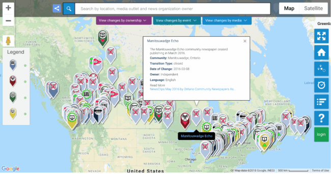 Screen Shot 2018-08-28 at 12.44.34 PM Markers on a map of Canada and U.S. with box on Manitouwadge Echo newspaper ceased publishing in March 2016.