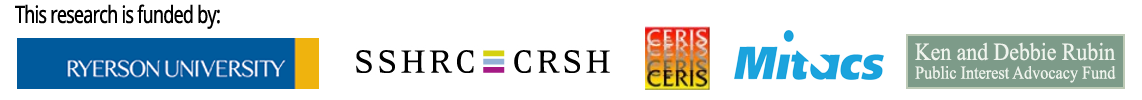 This research is funded by Toronto Metropolitan University, SSHRC CRSH, CERIS, Mitacs and Ken and Debbie Rubin Public interest Advocacy Fund