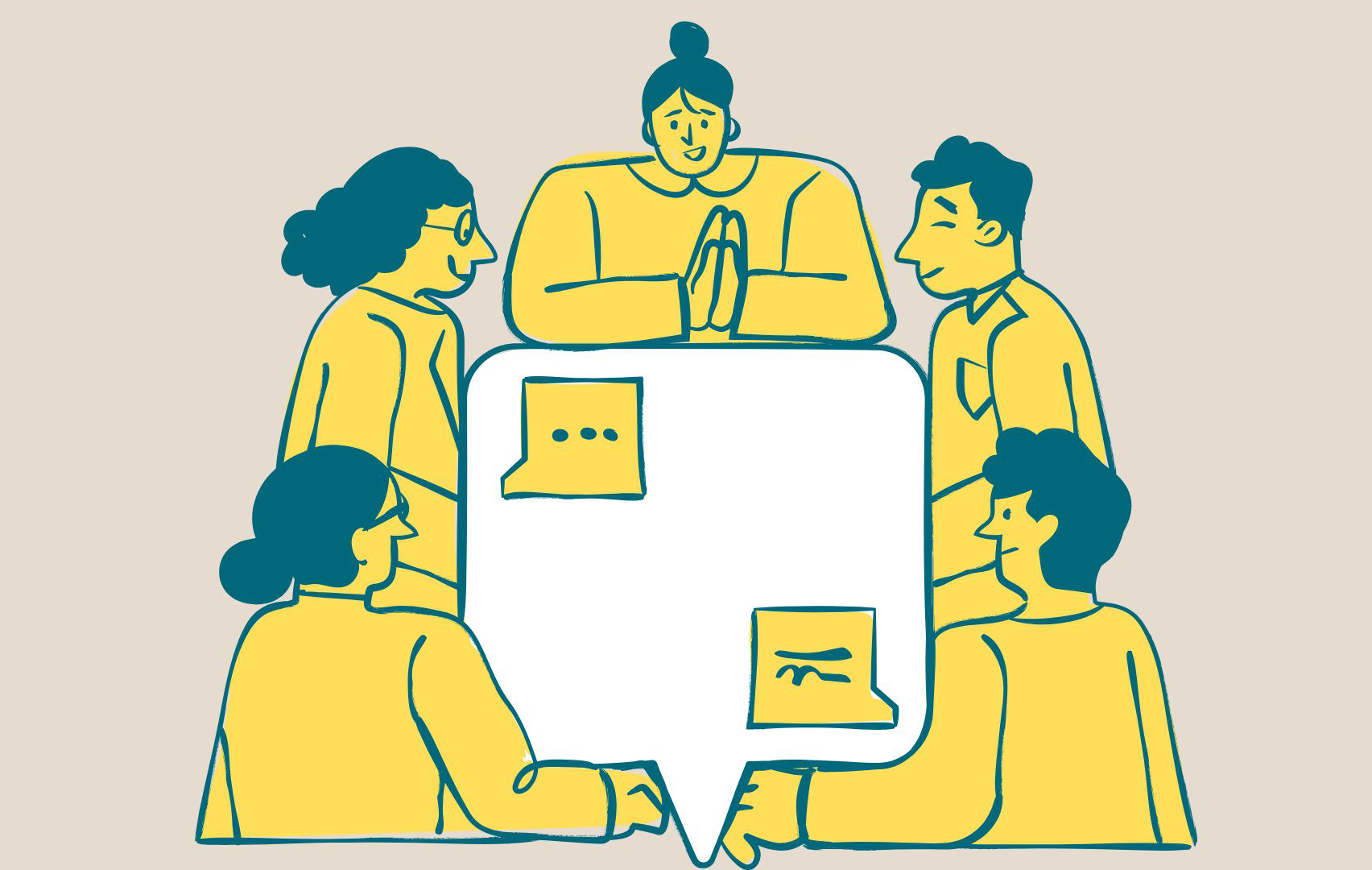 An illustration of a bunch of people around a table on a yellow background.