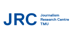 Journalism Research Centre Logo that reads ""JRC" with smaller lettering to the left that says "Journalism Reseach Centre TMU", all in blue with white background.